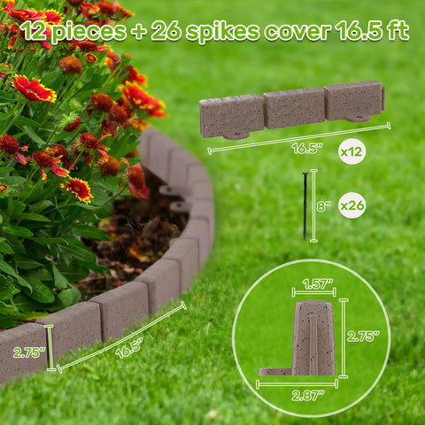 No Dig Garden Edging Kit 16 Feet With Interlocking Sections 2.75 Inch Height Decorative Lawn Border in flower bed setup