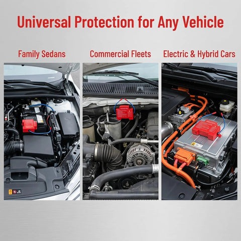 Automatic Car Fire Extinguisher 40g Aerosol Engine Bay Guard Heat Activated Self Adhesive Mount in various vehicle engines.