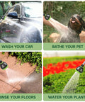 Heavy Duty Metal Garden Hose Wand With 8 Spray Patterns 15 Inch Long Nozzle Sprayer Thumb Flow Control in use for washing car and pet, cleaning floors, watering plants