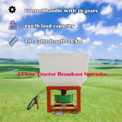 ATV Front Mount Broadcast Spreader For Fertilizer And Seed, 265Lb Hopper, shown in open field with control features