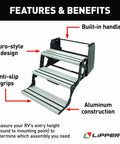 Alumi-Tread Triple Manual Step With No Slip Grips And Textured Surface For Solid Traction And Stability Built In Grab Handle Lightweight Aluminum RV Entry Step In Black, three-step view