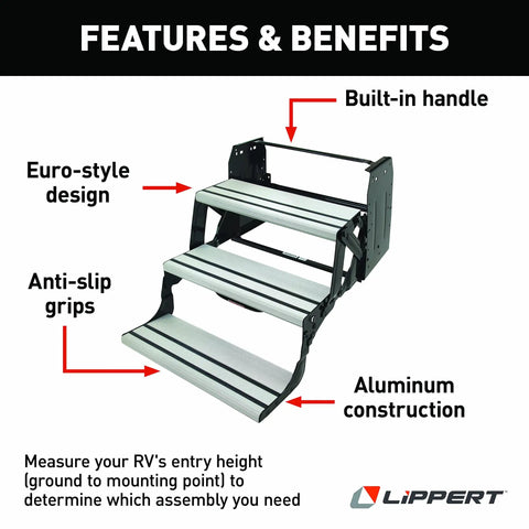 Alumi-Tread Triple Manual Step With No Slip Grips And Textured Surface For Solid Traction And Stability Built In Grab Handle Lightweight Aluminum RV Entry Step In Black, three-step view