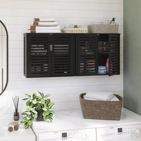 Black Bamboo Over The Toilet Wall Mounted Bathroom Storage Cabinet With Three-Position Adjustable Shelf Hanging Medicine Cabinet With Double Doors Space Saver Organizer For Bathroom Essentials