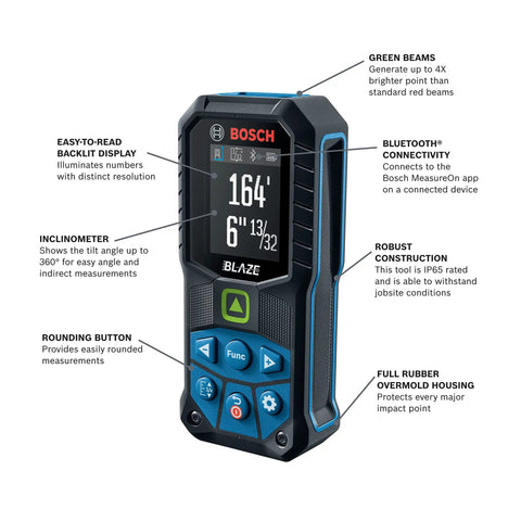 Blaze Green Beam Laser Distance Measure With 165 Foot Range And One Sixteenth Inch Accuracy Backlit Color Display