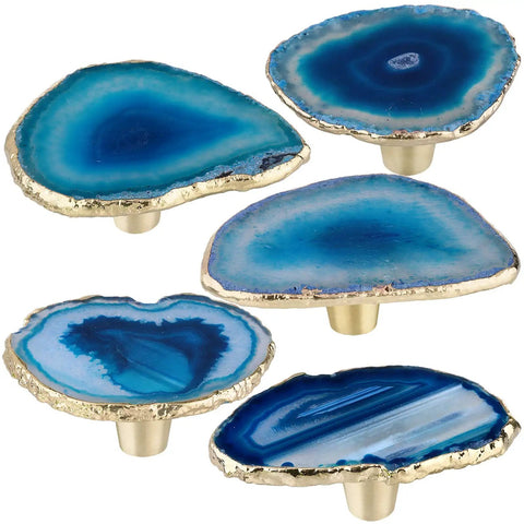 Four Pack Gold Plated Agate Slice Cabinet Knobs With Real Brass Drawer Pull Handles, vibrant blue agate slices with gold edges.