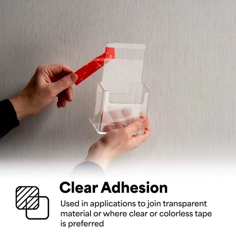 Person using Heavy Duty Mounting Tape 4910 Clear 6 Inch By 5 Yards Double Sided Permanent Adhesive on a plastic holder.