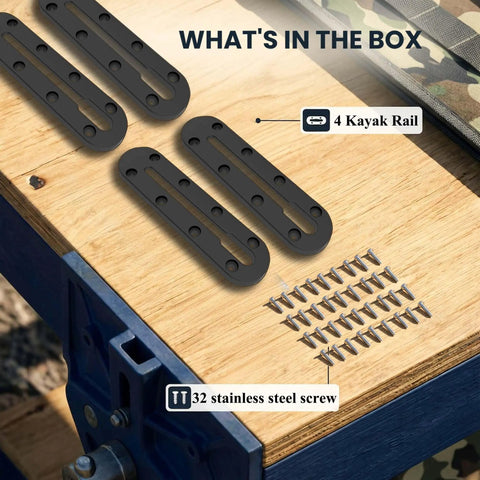 4 kayak rails and 32 stainless steel screws for the Low Profile Kayak Track Rail System For Universal Mounts With Rock Solid Nylon And 304 Stainless Steel Build, Fits Fishing Rod Holders, Cup Holders, Paddle Holders, Anchors, Fish Finders, And More Kayak Accessories.