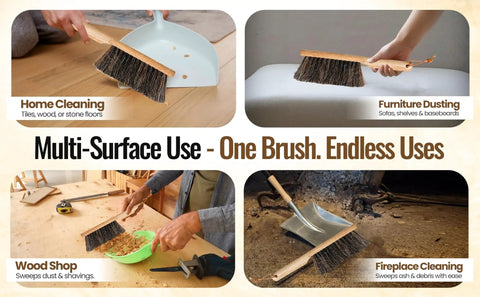 13 Inch Horsehair Woodworking Brush For Countertop Furniture Drafting Patio Fireplace Cleaning And Leather Care Hand Finished In The USA With Undyed Natural Bristles For Gentle Yet Superior Dusting For Your Workshop in various uses including cleaning floors, furniture, wood shops, and fireplaces.