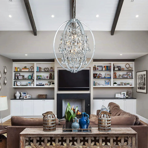 Large Modern Globe Crystal Chandelier With 9 G9 Bulbs Not Included Adjustable Hanging Light Fixture in living room setting