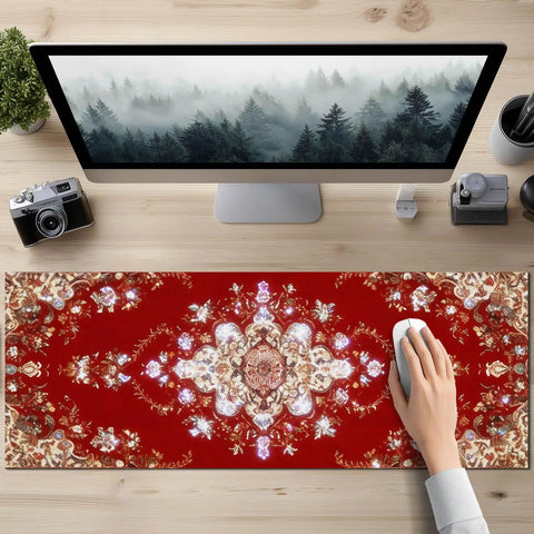 Massive 31.5 By 11.8 Inch Gaming Mouse Pad With Luxury Red Ornamental Pattern on desk, hand using mouse