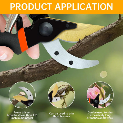 Workhorse Titanium Bypass Pruning Shears With Rust Resistant Coated Ergonomic Handles cutting a branch