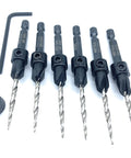 Six Piece Countersink Drill Bit Set For Wood With Depth Stop Collar And Hex Wrench Tapered Four Flute Countersink Bits For Woodworking Pros Carbon Steel Tools Adjustable Countersink And One Hex Wrench For Precise Depth Control, shown with six carbon steel bits, collar, and hex wrench.