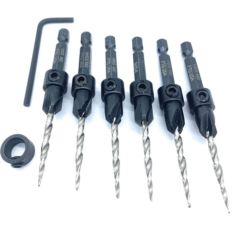 Six Piece Countersink Drill Bit Set For Wood With Depth Stop Collar And Hex Wrench Tapered Four Flute Countersink Bits For Woodworking Pros Carbon Steel Tools Adjustable Countersink And One Hex Wrench For Precise Depth Control, shown with six carbon steel bits, collar, and hex wrench.