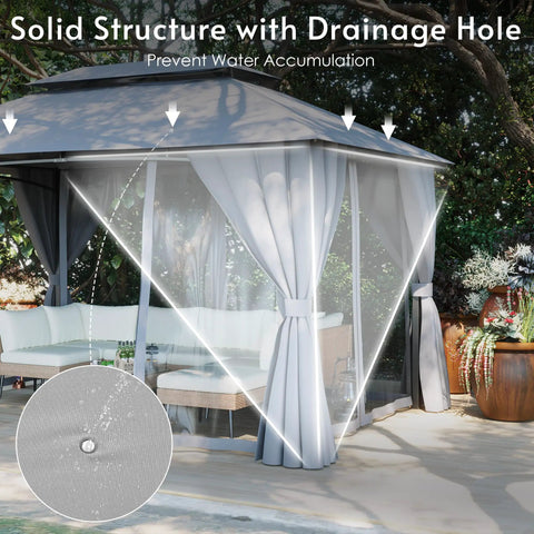 Side view of 10x13 Outdoor Gazebo With Mosquito Netting And Privacy Screens, Double Roof Design, Powder Coated Metal Frame for Patio