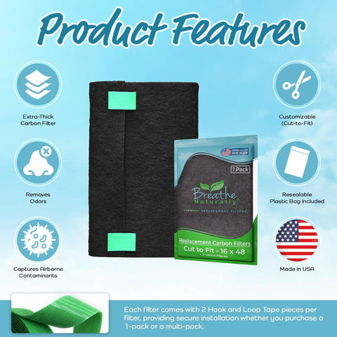 Universal Cut To Fit Carbon Activated Air Filter For Air Purifiers And Vents Odor Busting Smoke And Pollutant Neutralizing Charcoal Sheet Pre Filter 16x48 Made In USA Pack Of 1 displayed with packaging and features.