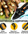 Heavy Duty Pruning Shears With Ratchet Cut For Easy Gardening near fresh cut branches, ergonomic handle design