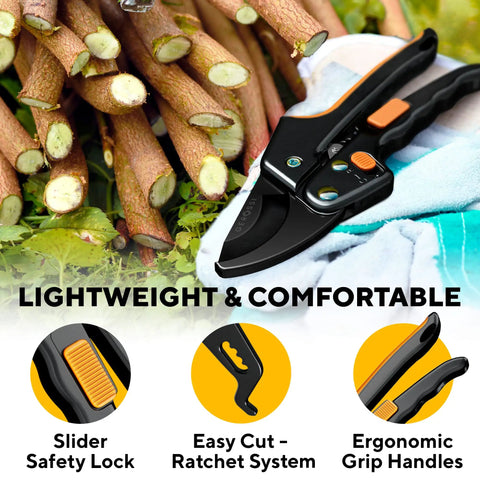 Heavy Duty Pruning Shears With Ratchet Cut For Easy Gardening near fresh cut branches, ergonomic handle design