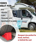 Heavy Duty Rubber Wheel Chocks Set Of 4 For Travel Trailers RV Campers And Trucks, red chocks under RV tire, compact design