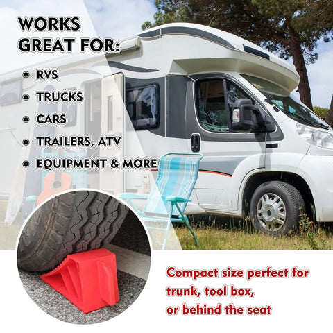 Heavy Duty Rubber Wheel Chocks Set Of 4 For Travel Trailers RV Campers And Trucks, red chocks under RV tire, compact design