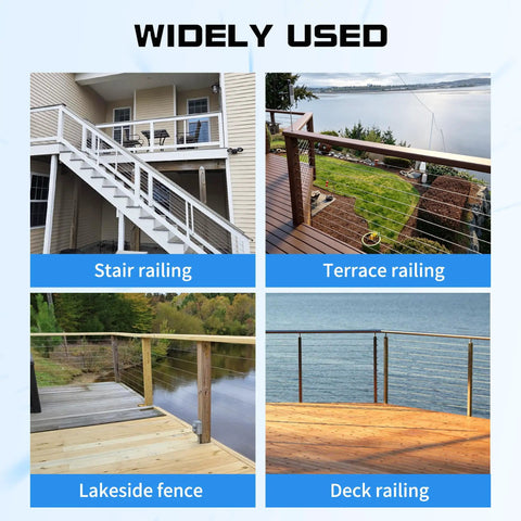 80 Pack T316 Stainless Steel Left And Right Handed Swage Lag Screws For Wood Posts; image shows stair, terrace, lakeside, and deck railings