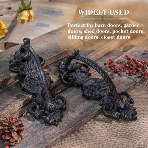 Solid Cast Iron Gate Handles Set 2 Pack Heavy Duty 8.7 Inch Long Barn Door Pulls shown with rustic decor background