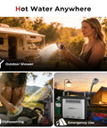 Female camper using Portable Propane Water Heater For Camping And RV Shower With Pump Kit Lightweight Two D Battery Powered Built In Safety For Hiking Overlanding And Outdoor Adventures Anywhere outdoors.