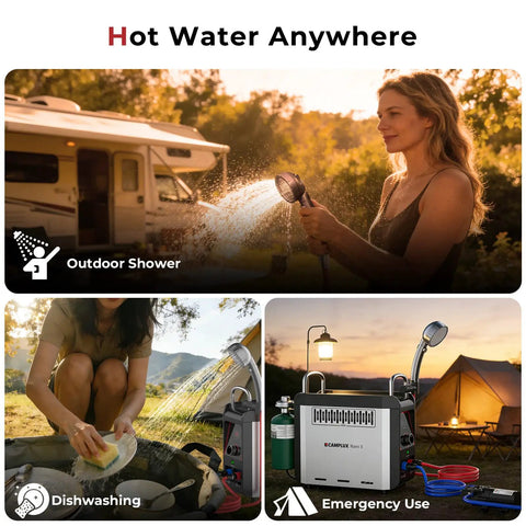 Female camper using Portable Propane Water Heater For Camping And RV Shower With Pump Kit Lightweight Two D Battery Powered Built In Safety For Hiking Overlanding And Outdoor Adventures Anywhere outdoors.