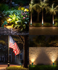 Outdoor LED Spotlight Yard Ready With Three Color Lenses Red Yellow Green, illuminating plants, trees, flag, and wall at night