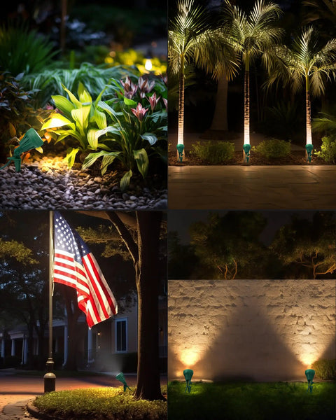 Outdoor LED Spotlight Yard Ready With Three Color Lenses Red Yellow Green, illuminating plants, trees, flag, and wall at night