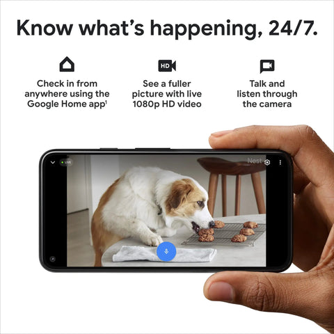 Person holding phone displaying live feed from Indoor Nest Security Camera 1080p Wired 2nd Generation Snow Color With Smart Motion Detection