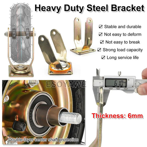 Tough As Nails Heavy Duty Pneumatic Caster Wheels 4 Pack 8 Inch 250mm Industrial Swivel Casters With Brakes showing steel bracket, rubber tire, and measurements.