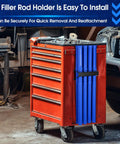 Ultimate 9 Piece Welding Rod Storage Set With 8 Slot Holder And Eight 40 Inch Tungsten Electrode Tubes For Sleek Wall Mount Organization Of All Your TIG Filler Rods And Fabrication Gear In Cool Blue on a red toolbox.