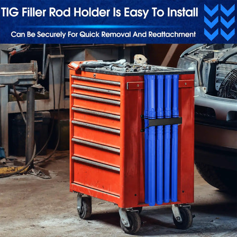 Ultimate 9 Piece Welding Rod Storage Set With 8 Slot Holder And Eight 40 Inch Tungsten Electrode Tubes For Sleek Wall Mount Organization Of All Your TIG Filler Rods And Fabrication Gear In Cool Blue on a red toolbox.