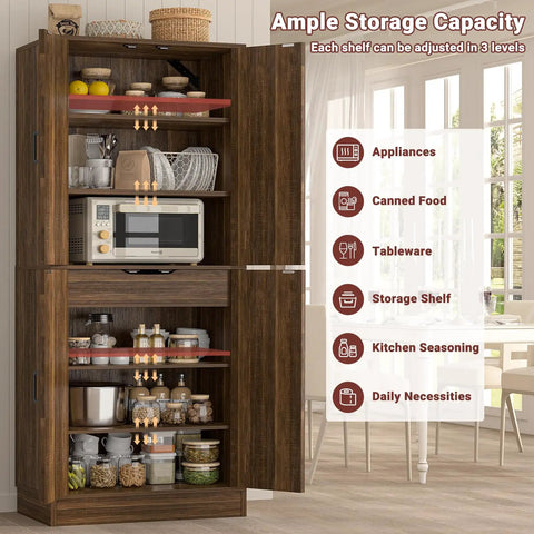 Heavy Duty 71 Inch Tall Farmhouse Pantry Cabinet With Genuine Barn Doors And Adjustable Shelves To Beat Kitchen Chaos And Level Up Your Whole Home Storage Game For Days, featuring organized shelves.