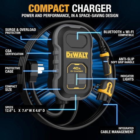 Compact Level 2 EV Charger With 40 Amp 240V Output, App Control, Bluetooth And Wi Fi, CSA Certified Indoor Outdoor NEMA 14-50 Wall Mount Charging Station, 20 Ft Cable For Garage Or Driveway in packaging, highlighting features.