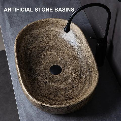 Oval Ceramic Vessel Sink for Bathroom, Retro Modern Above Counter Vanity Sink for Home or Hotel, Stylish Wash Bowl (Multi-colored-Small) with textured artificial stone finish.