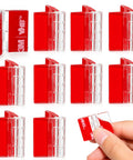 Heavy Duty Self Adhesive Acrylic Hinges Crystal Clear No Drill Swivel Joints For Jewelry Boxes And Display Cases shown in ten-pack with red backing.