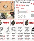 Tough As Nails Heavy Duty Pneumatic Caster Wheels 4 Pack 8 Inch 250mm with M10 bolts and dimensions for installation.