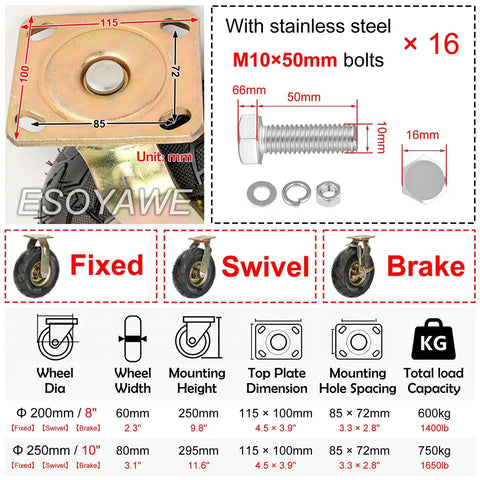 Tough As Nails Heavy Duty Pneumatic Caster Wheels 4 Pack 8 Inch 250mm with M10 bolts and dimensions for installation.