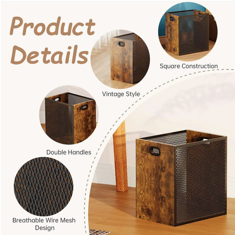 Dope Retro Industrial Office Trash Can With Iron And Wood Construction showing vintage style and double handles