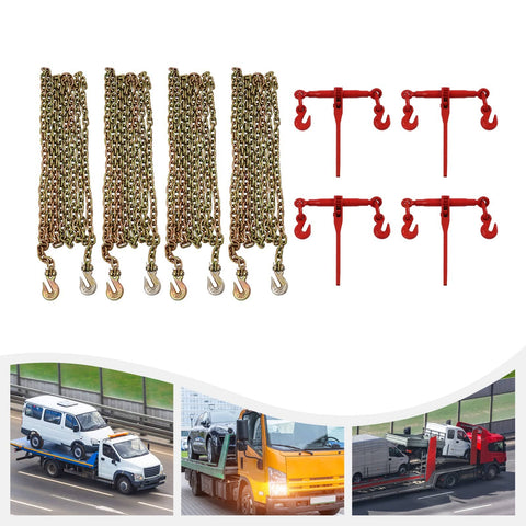 Grade 70 Chain Transport Hauling Kit With 5 16 To 3 8 Inch Chains Binders And 20 Foot Chains Heavy Duty Tie Down Set With Safe Working Load For Secure Hauling On Trucks And Trailers, shown securing vehicles.