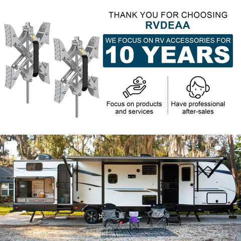 Beefy Heavy Duty RV X Chocks Wheel Stabilizers For Travel Trailers Pack Of 2 with a camper setup in a forest setting.
