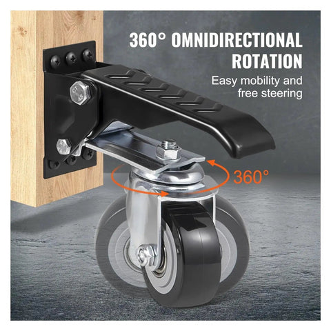 Badass Heavy Duty Workbench Caster Set Of 4 With Two And Half Inch Retractable Urethane Wheels showing 360° rotation for easy mobility.