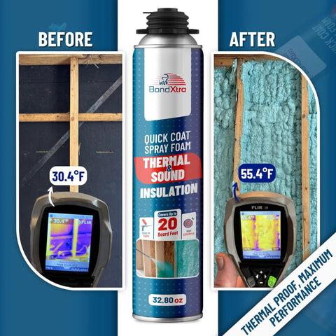 Spray Foam Insulation Kit With 18 Cans For Easy DIY Insulation Self Expanding Polyurethane Foam, bottle between thermal before and after images
