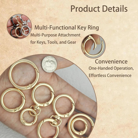 16 Pack Gold Metal Spring O Ring Carabiner Set Four Sizes With Quick Release Keychain Clips For Keys Bags Dog Tags Paracord Lanyards And DIY Repairs All In One Heavy Duty Gear, gold alloy rings in hand