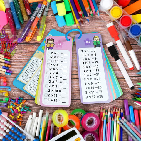 1-12 Multiplication Flash Cards Set With 15 Cards, Dry Erase Markers, Ring Binder, Large Times Table Chart For Kids visible on desk.