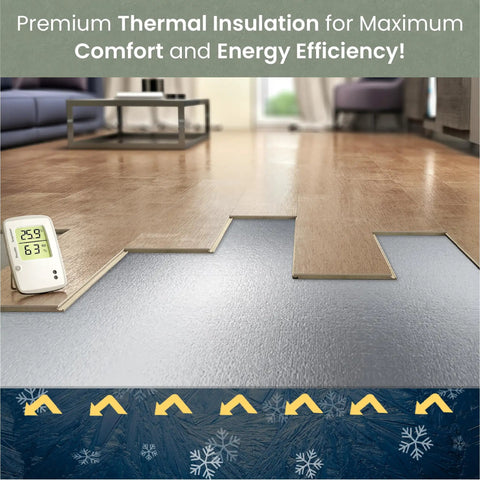 Premium Acoustic Floor Underlayment Roll Featuring Hella Quiet Thermal Eva Foam And Silver Foil Vapor Barrier For Superior Moisture Shield and Smooth Setup Covering Two Hundred Square Feet of floor with a digital thermometer.