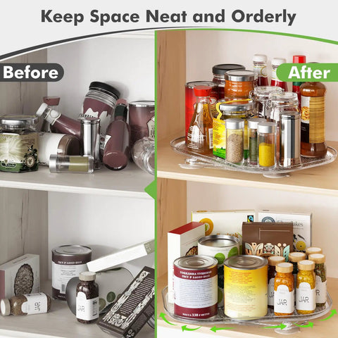 Before and after using 360 Degree Lazy Susan Refrigerator Organizer Spins Smooth With Non Slip Base Fits 14.17 by 10.24 Inch