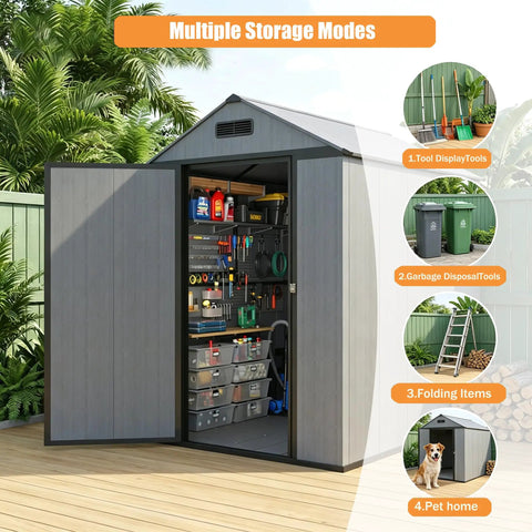 Resin Storage Shed 4x6 With Floor, Weatherproof Outdoor Plastic Tool Shed With Sloped Roof, open showing organized tools