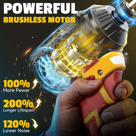 Close-up of Cordless Brushless Drill And Impact Driver Combo Kit highlighting powerful brushless motor with hand holding tool.